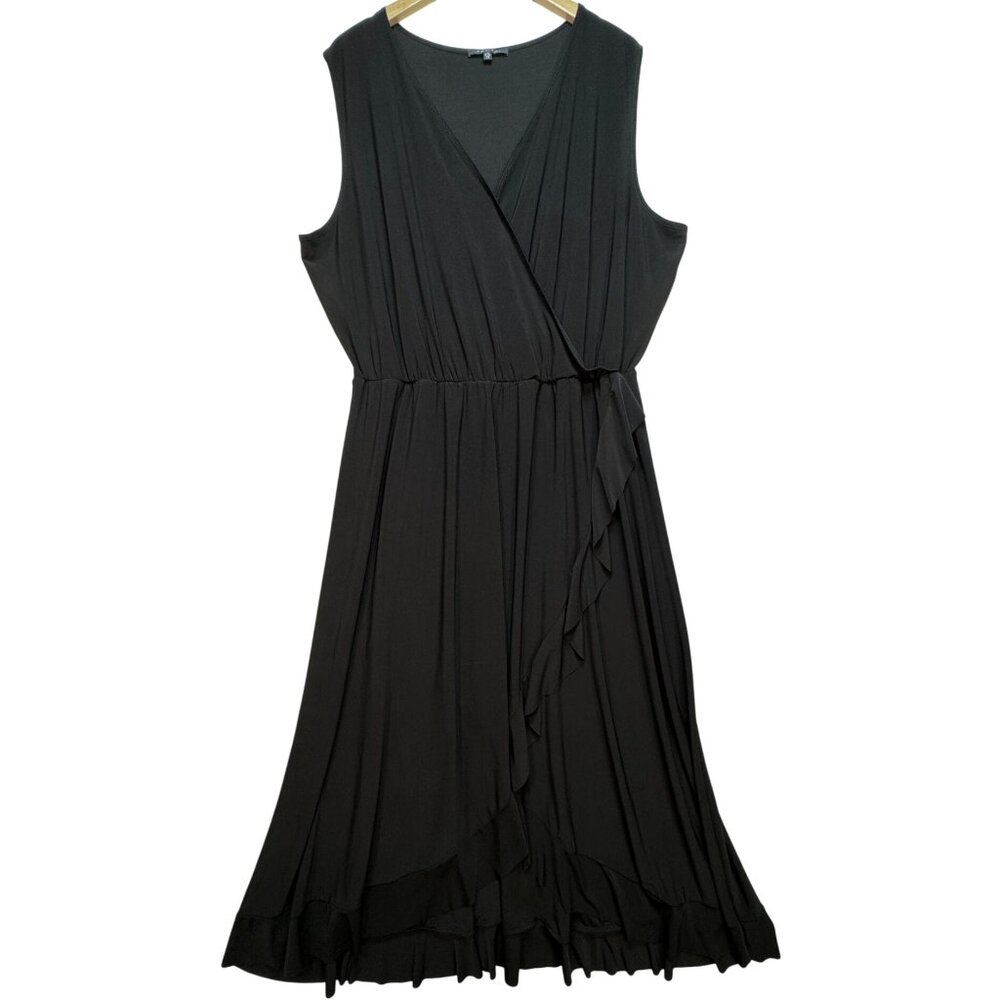 Tahari Women's Wrap V Neck Midi Dress Sleeveless Size 3X Black Ruffle Stretch